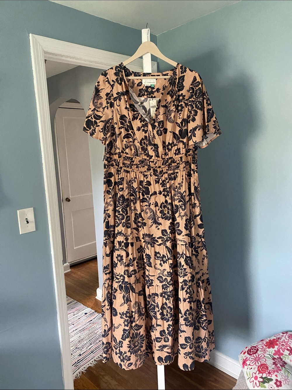 Anthropologie Peach Maxi Dress with Black Floral Print